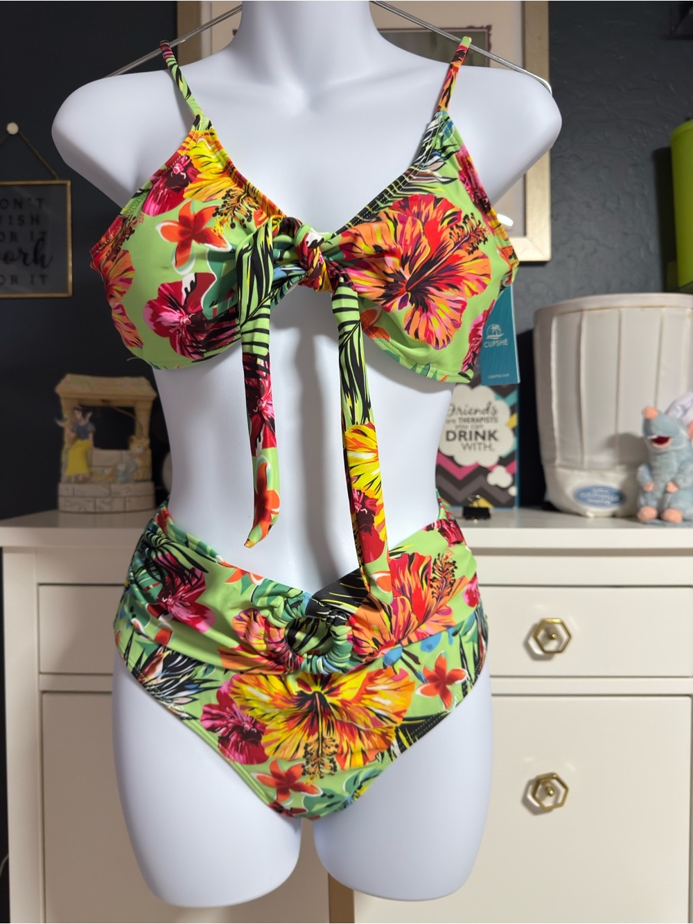 Cupshe Lime Green Tropical Floral Tie-Front Bikini Set
